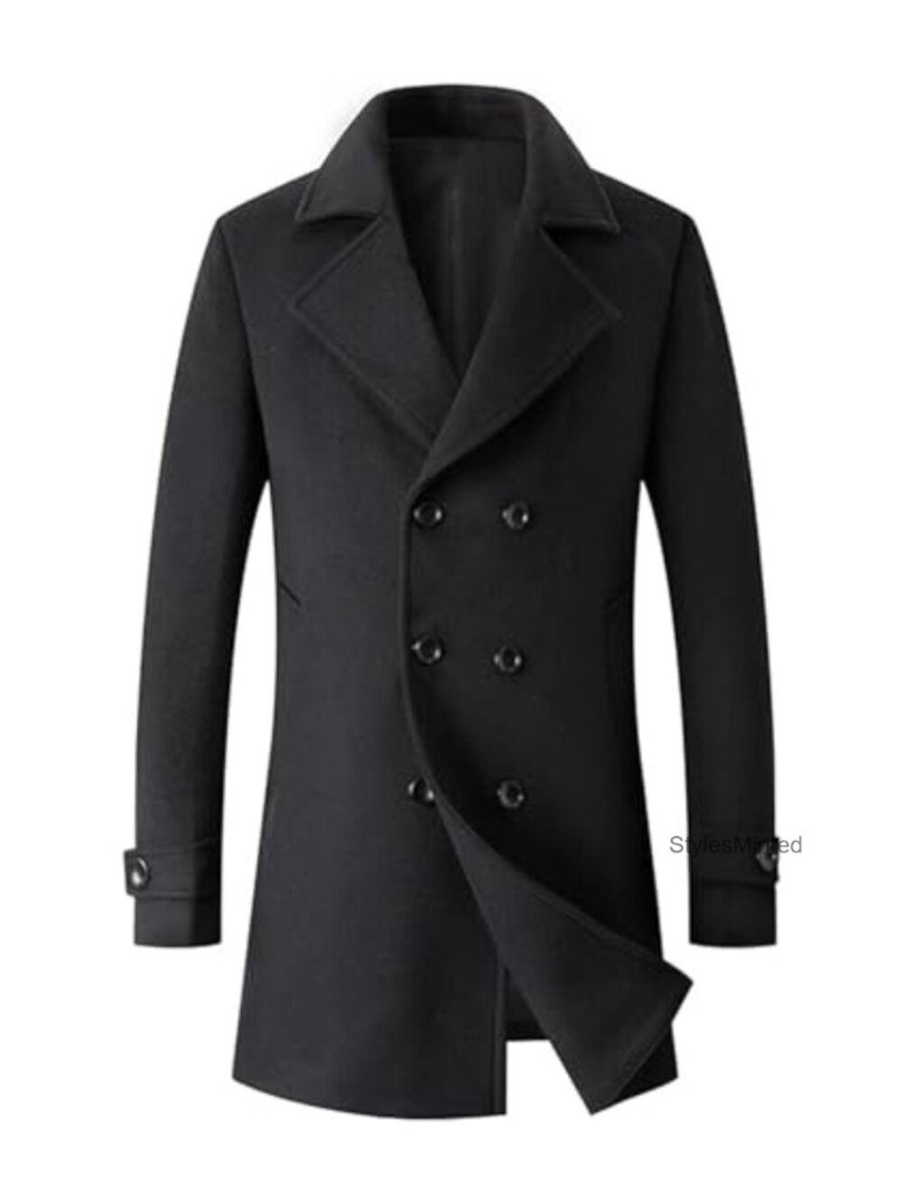 Mens Wool Blend Double Breasted Trench Coat Notched Lapel Mid Long Overcoat